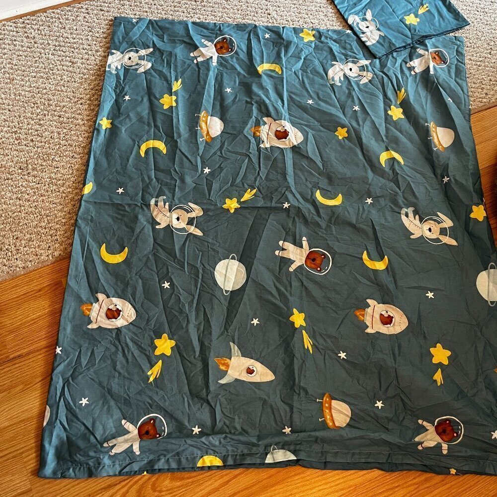 Crib Toddler Bed Duvet Cover and Pillow Case Blue Space Astronauts Stars
